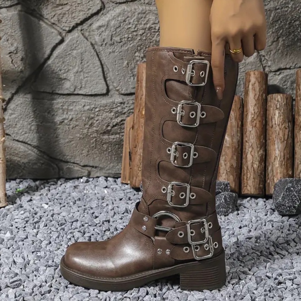 Fashion Buckle Square Toe Chunky Heel Wide Calf Biker Boots